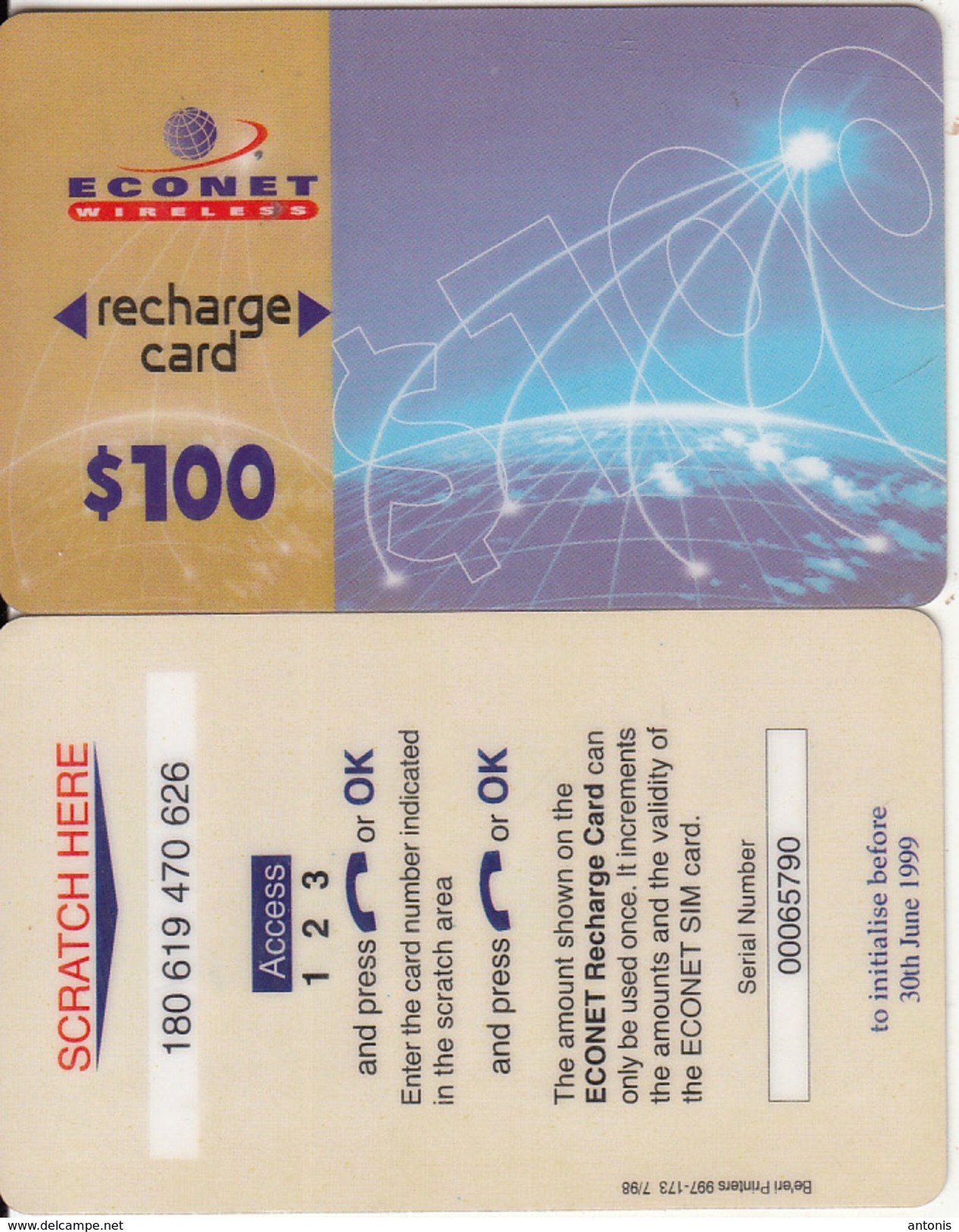 ZIMBABWE - Econet Recharge Card $100, Exp.date 30/06/99, Used - Zimbabwe