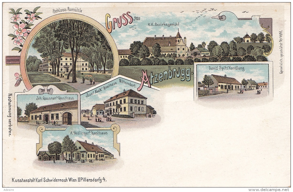 Litho Gruss Aus ATZENBRUGG (NÖ) - Verlag Schwidernoch Wien II, Karte Um 1899, Auf Rückseite Klebespuren S.Scan - Autres & Non Classés