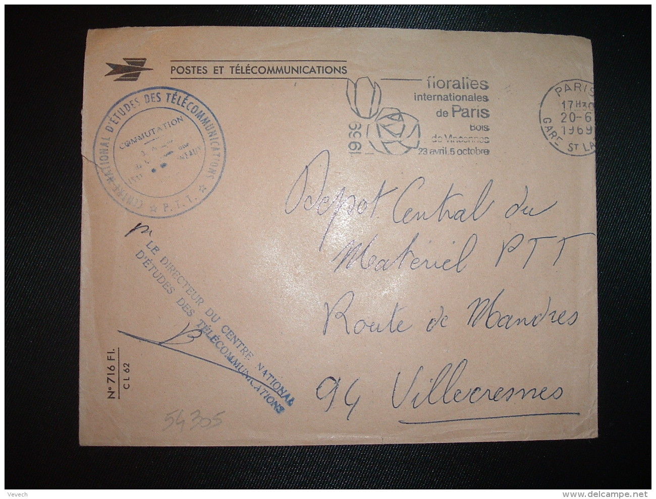 LETTRE P ET T OBL.MEC.20-6-1969 PARIS GARE ST LAZARE + LE DIRECTEUR DU CENTRE NATIONAL D'ETUDES DES TELECOMMUNICATIONS - Civil Frank Covers