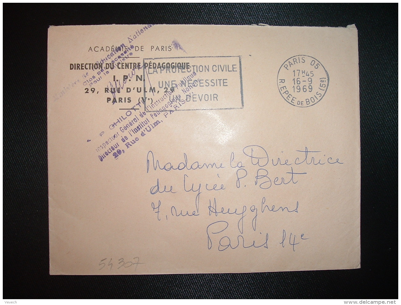 LETTRE OBL.MEC.16-9-1969 PARIS 05 + ACADEMIE DE PARIS DIRECTION DU CENTRE PEDAGOGIQUE I.P.N. - Civil Frank Covers