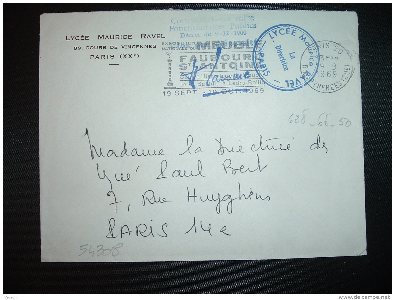 LETTRE OBL.MEC.19-9-1969 PARIS 20 + LYCEE MAURICE RAVEL - Civil Frank Covers