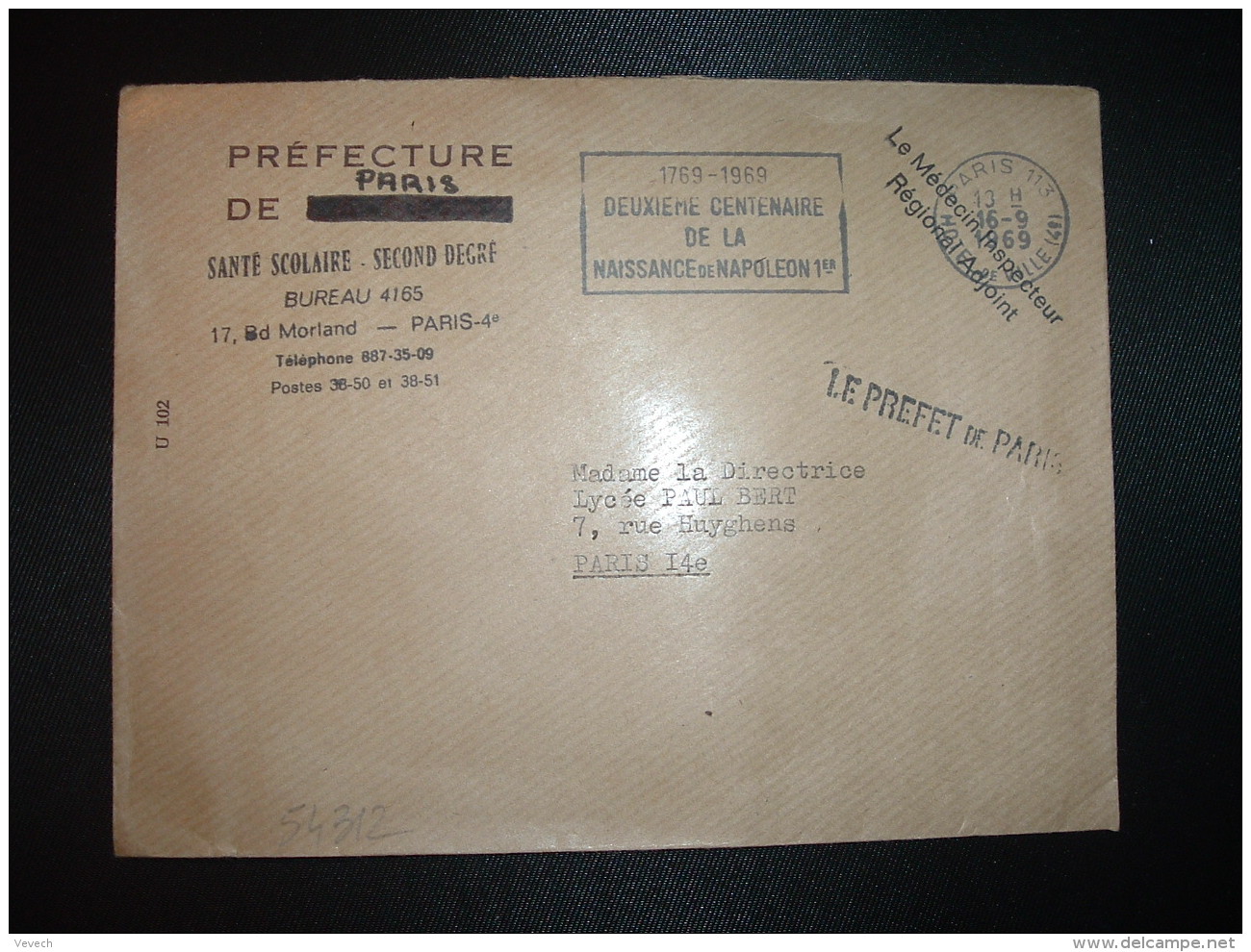 LETTRE OBL.MEC.16-9-1969 PARIS 113 + PREFECTURE DE LA SEINE Biffée + PREFECTURE DE PARIS + NAPOLEON 1ER - Civil Frank Covers