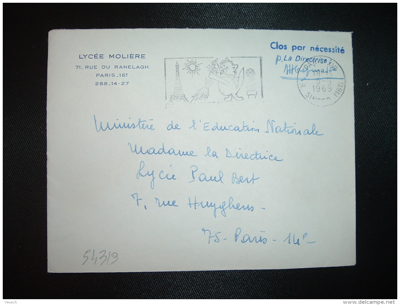 LETTRE OBL.MEC.5-9-1969 PARIS XVI + LYCEE MOLIERE - Civil Frank Covers