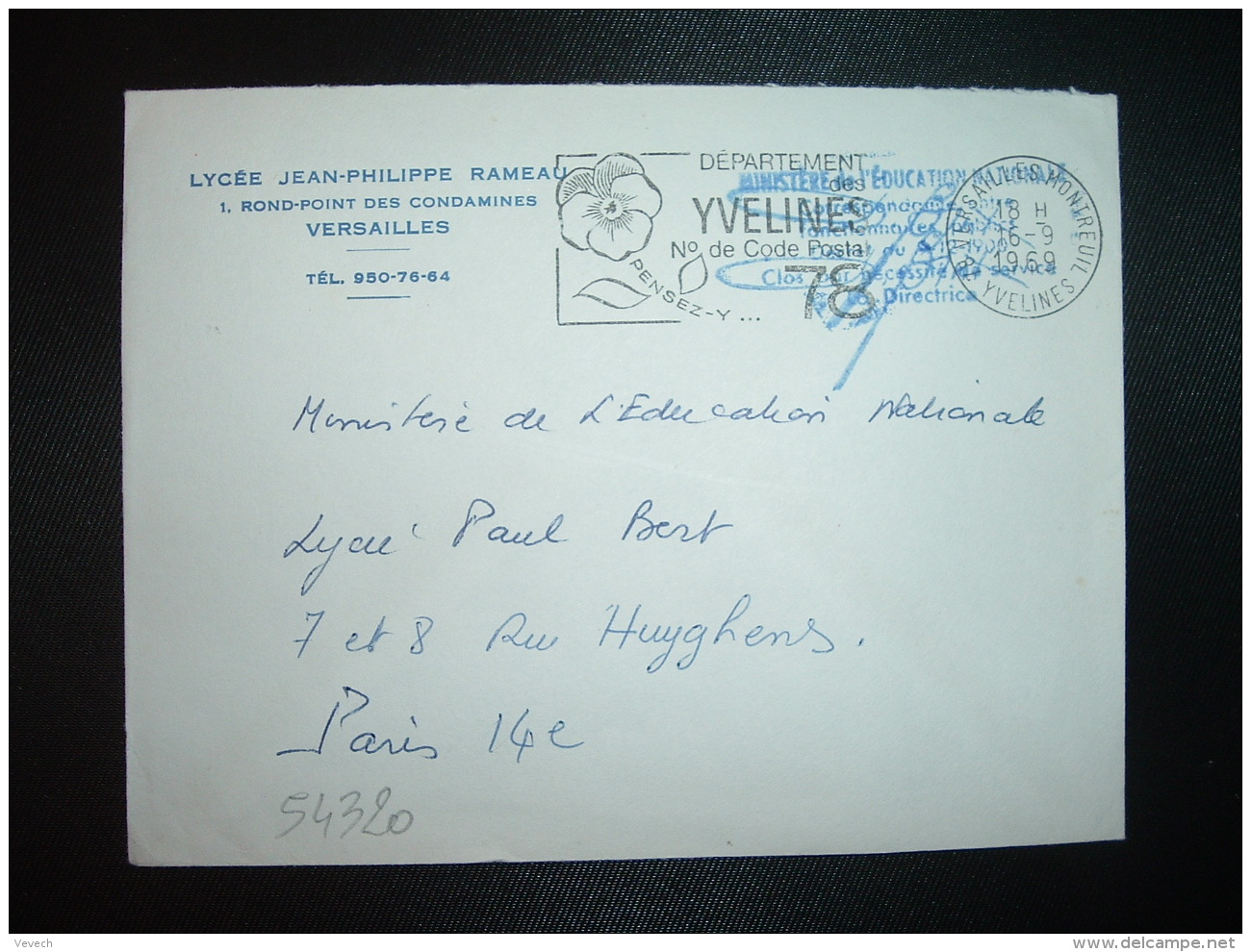 LETTRE OBL.MEC.16-9-1969 VERSAILLES MONTREUIL (78) + LYCEE JEAN-PHILIPPE RAMEAU - Civil Frank Covers