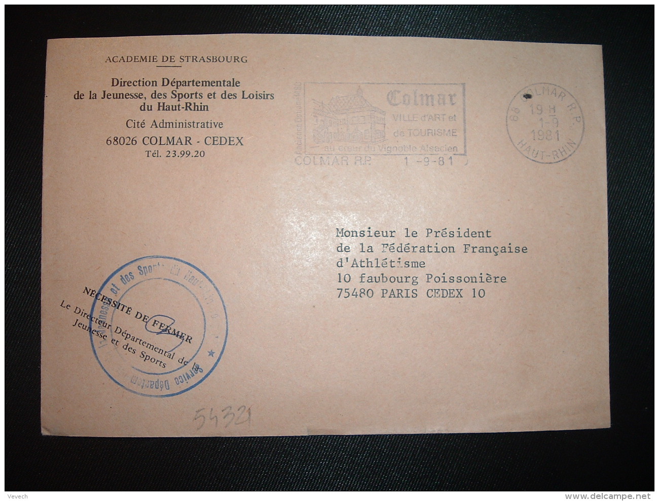 LETTRE OBL.MEC.1-9-1981 COLMAR RP (68) DIRECTION DEPARTEMENTALE DE LA JEUNESSE, DES SPORTS ET DES LOISIRS DU HAUT-RHIN - Civil Frank Covers