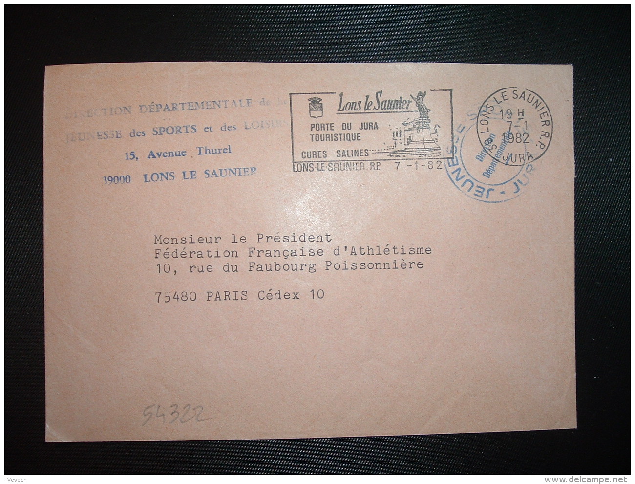 LETTRE OBL.MEC.7-1-1982 LONS LE SAUNIER RP JURA (39) DIRECTION DEPARTEMENTALE DE LA JEUNESSE, DES SPORTS ET DES LOISIRS - Civil Frank Covers