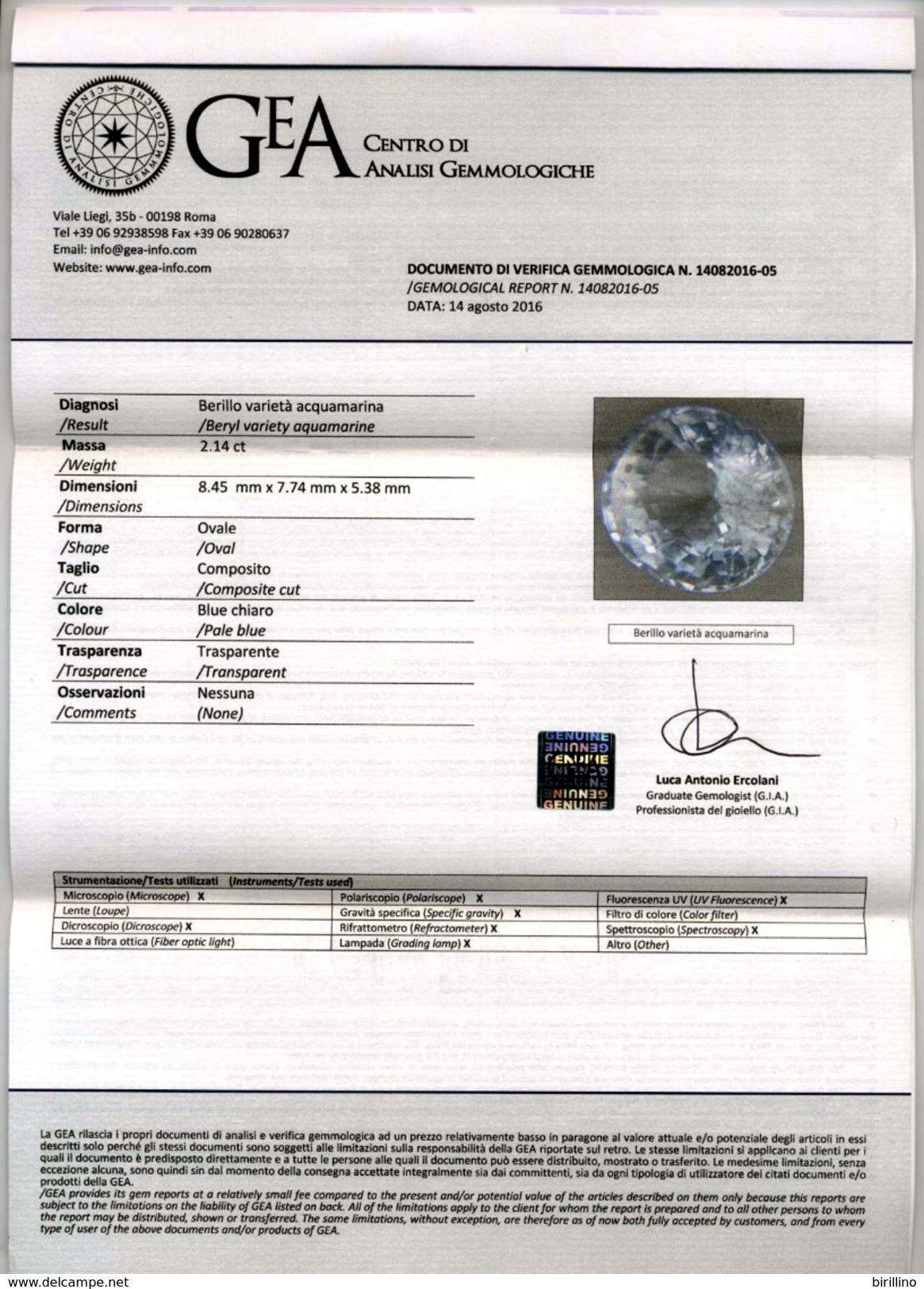 Acquamarina Ct.2.14 - Perfetta Blue Chiaro Con Certificato - Aquamarine