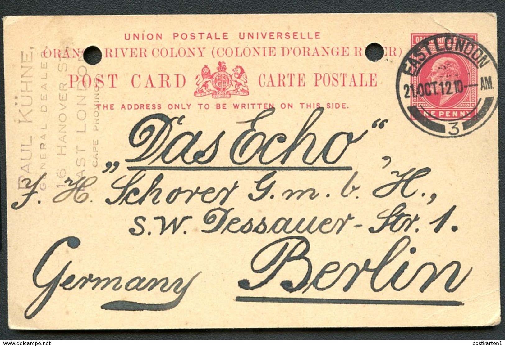 ORANGE RIVER COLONY Postal Card #36 Used EAST LONDON To GERMANY 1912 - Orange Free State (1868-1909)