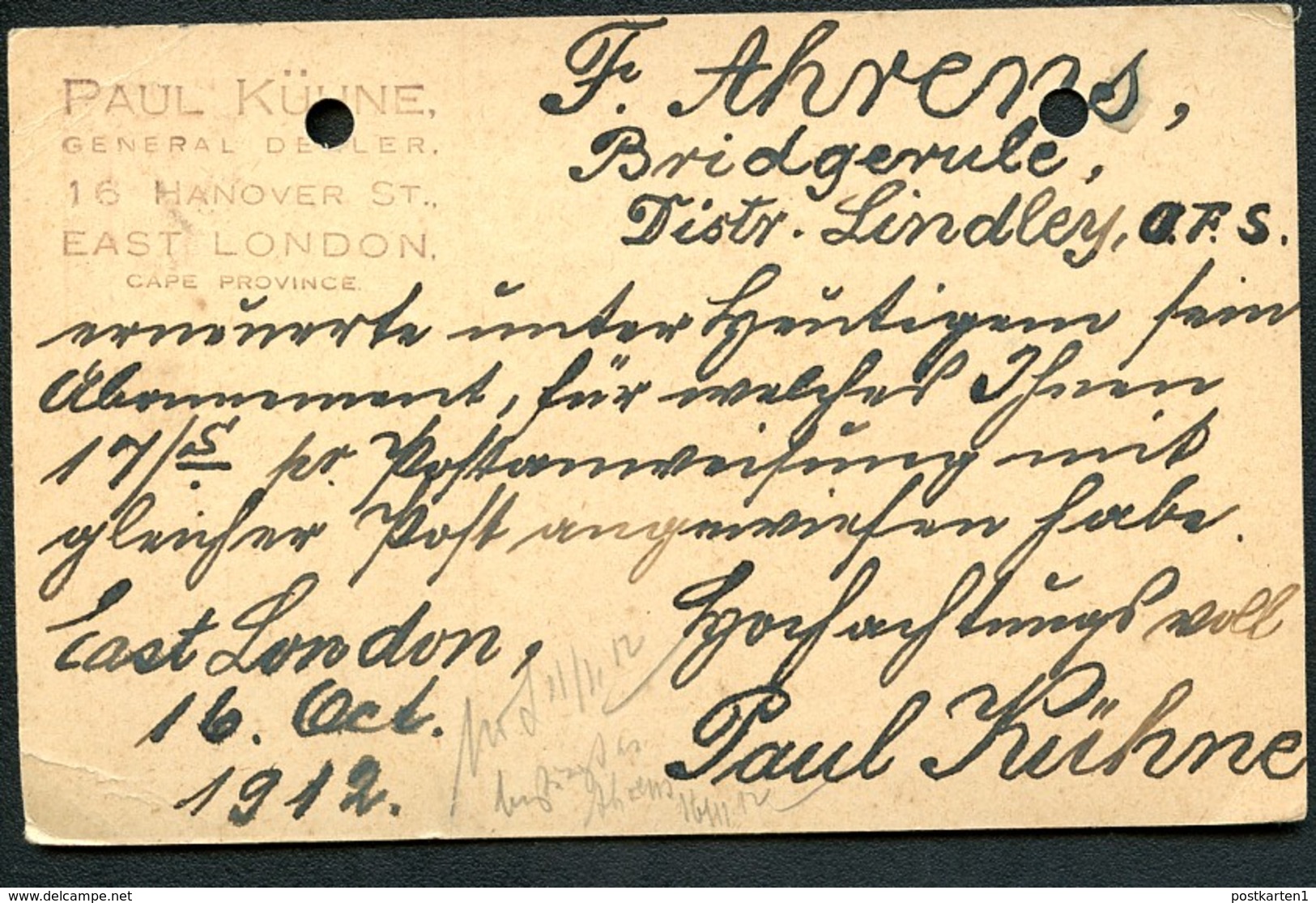 ORANGE RIVER COLONY Postal Card #36 Used EAST LONDON To GERMANY 1912 - Oranje Vrijstaat (1868-1909)