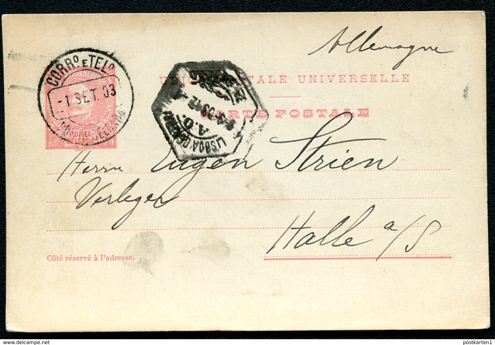 PONTA DELGADA Postal Card #13 Properly Used To Germany 1903 - Ponta Delgada