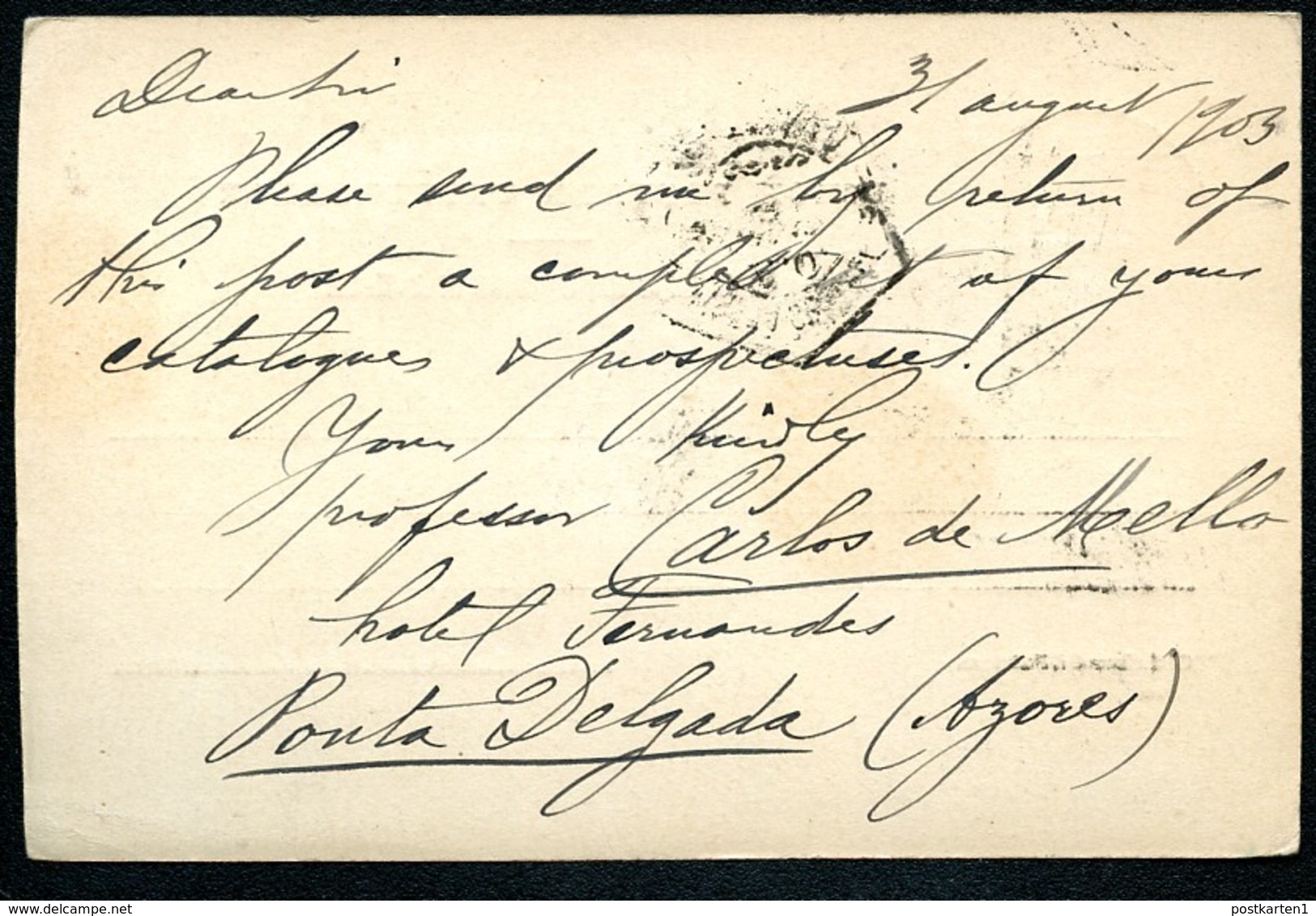 PONTA DELGADA Postal Card #13 Properly Used To Germany 1903 - Ponta Delgada