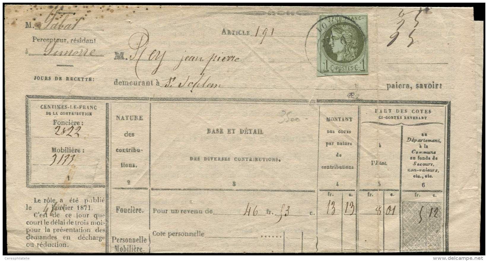 39A   1c. Olive, R I, Pos. 15 Obl. C&agrave;d T17 LOMBEZ, Seul S. Avertissement Du 4/2/71, TB. C - Other & Unclassified