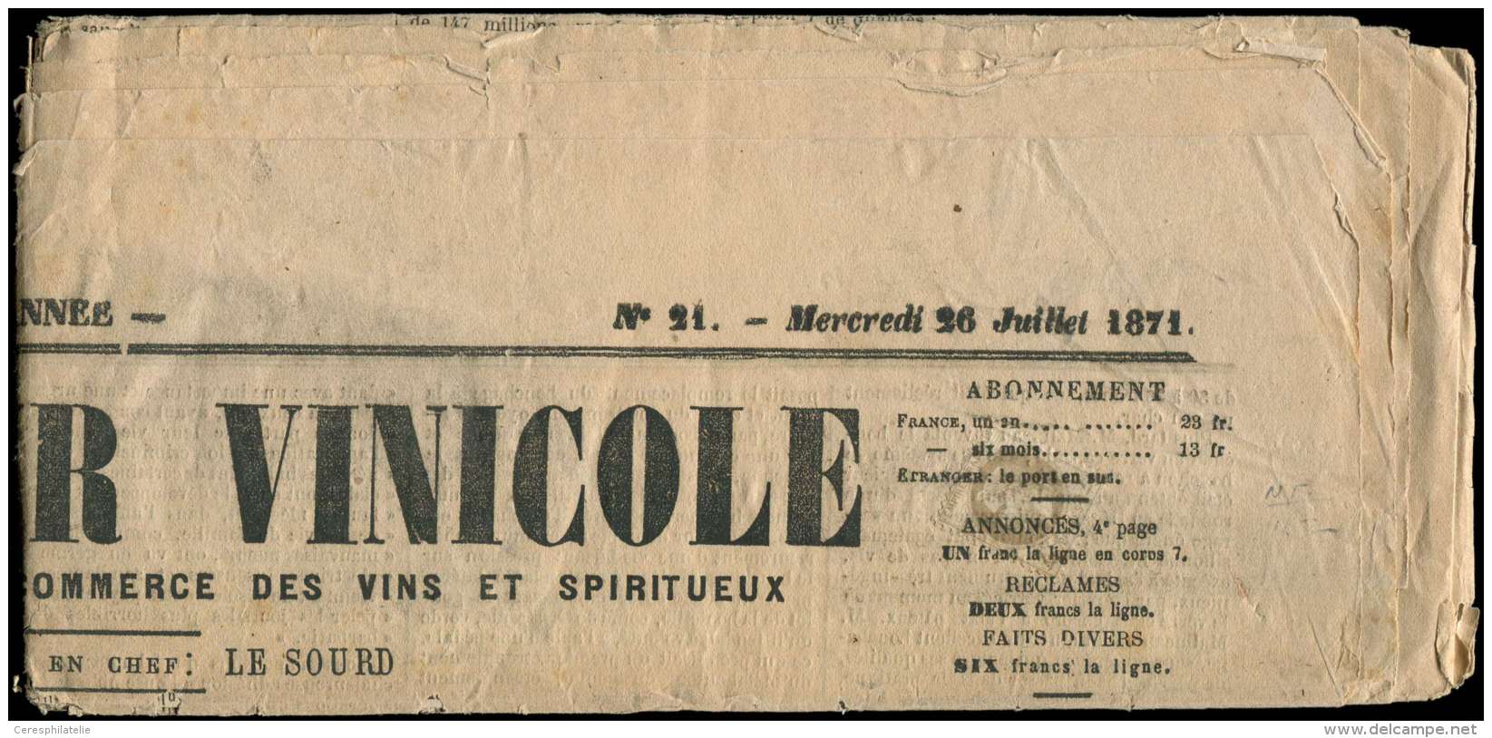 27A   4c. Gris, T I, Obl. TYPO S. Journal LE MONITEUR VINICOLE Du 26/7/71, TB - Other & Unclassified