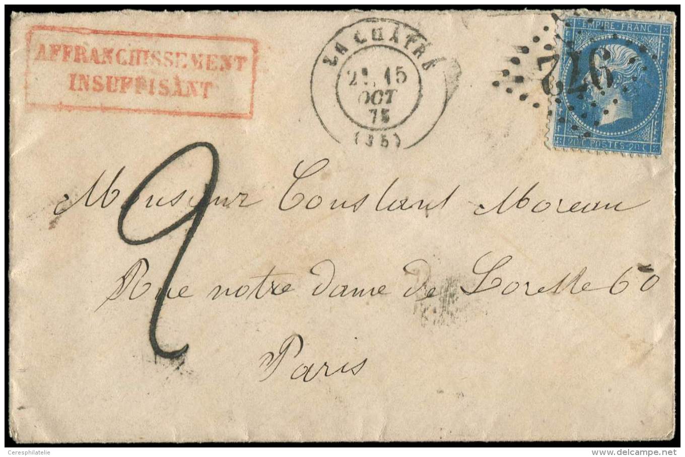 22   20c. Bleu, Obl. GC 972 S. Env., C&agrave;d T16 LA CHATRE 15/10/75, "affrt Insuff." Et Taxe 2, Utilis. Tardive De Ce - Other & Unclassified