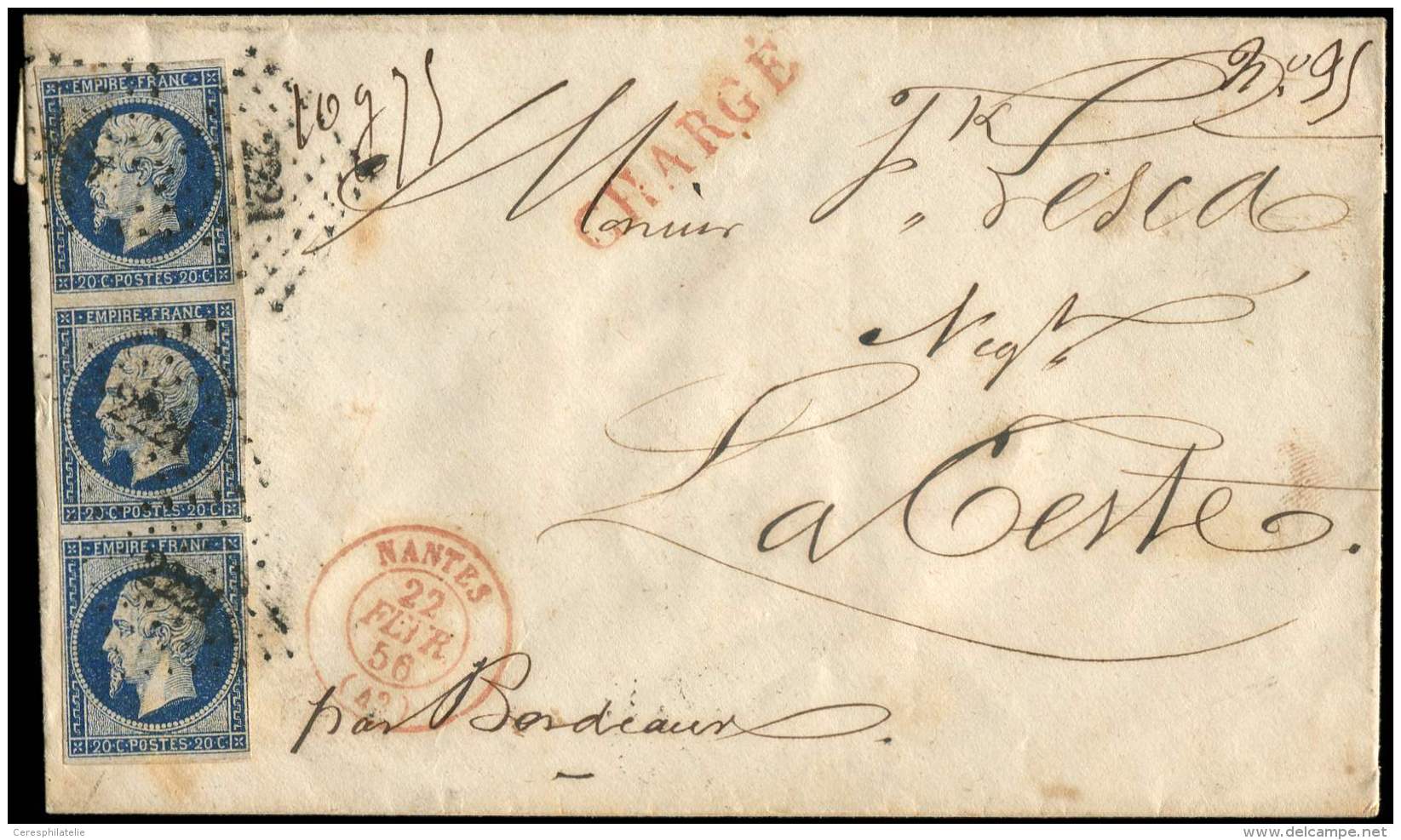 14Aa 20c. Bleu Fonc&eacute;, T I, BANDE De 3 Obl. PC 2221 S. Env. CHARGE, C&agrave;d T15 NANTES 22/2/50 En ROUGE, Rare E - Other & Unclassified