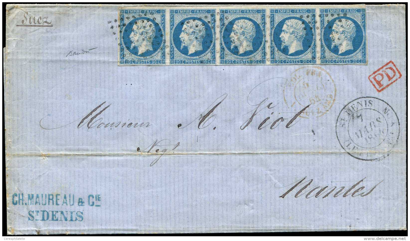 14A  20c. Bleu, BANDE De 5 Obl. Losange De 64 Points S. LSC, C&agrave;d ST DENIS ILE De LA REUNION Et C&agrave;d Rouge C - Autres & Non Classés