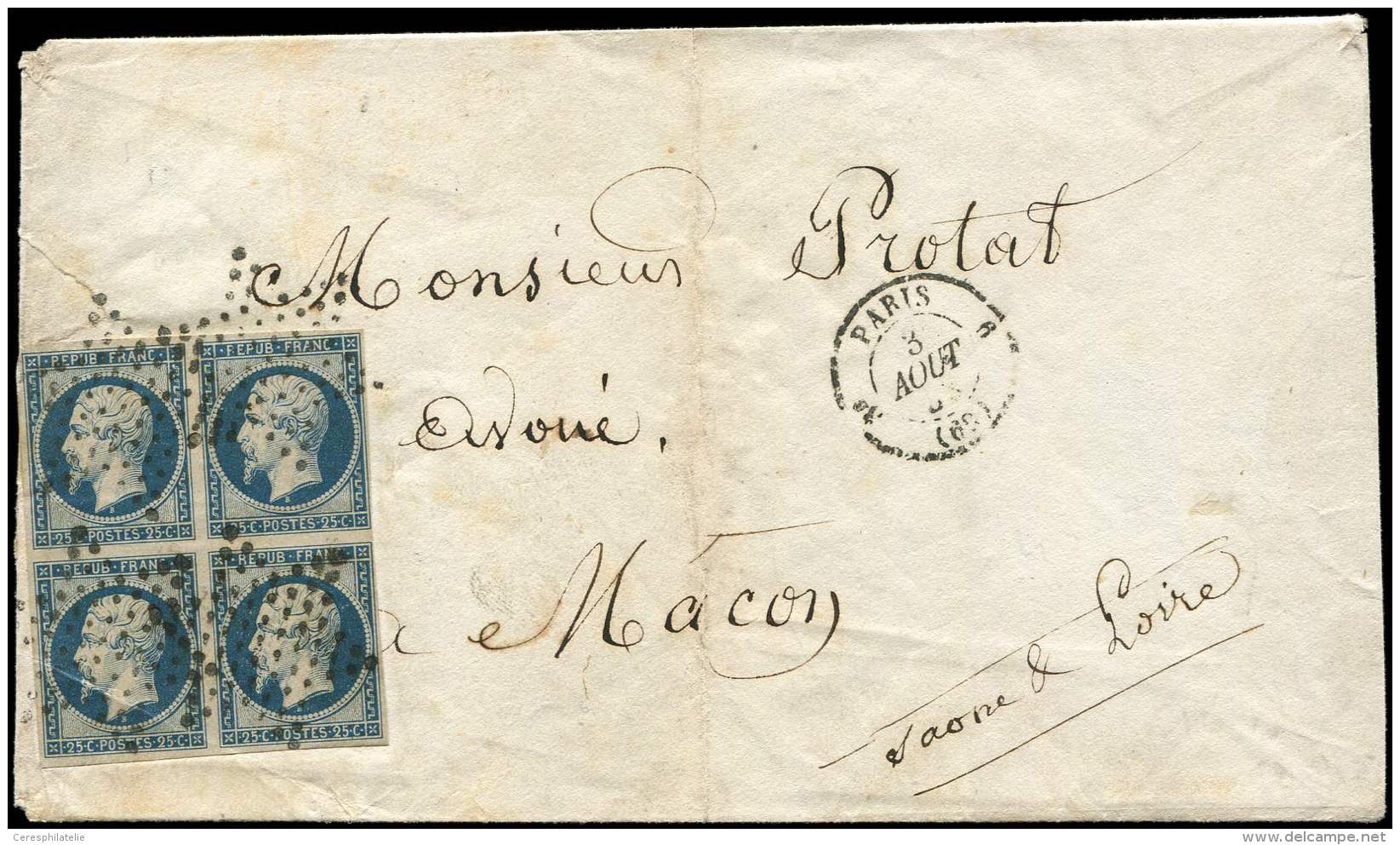 10   25c. Bleu, BLOC De 4 Obl. ETOILE S. Env., C&agrave;d T1330 6 PARIS 3/8/53, RR, TB - Other & Unclassified