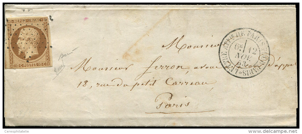 9a   10c. Bistre Brun, Au Filet Dans 2 Angles, Obl. ETOILE S. LAC, C&agrave;d LETTRE AFFie DE PARIS POUR PARIS 12/11/53, - Other & Unclassified