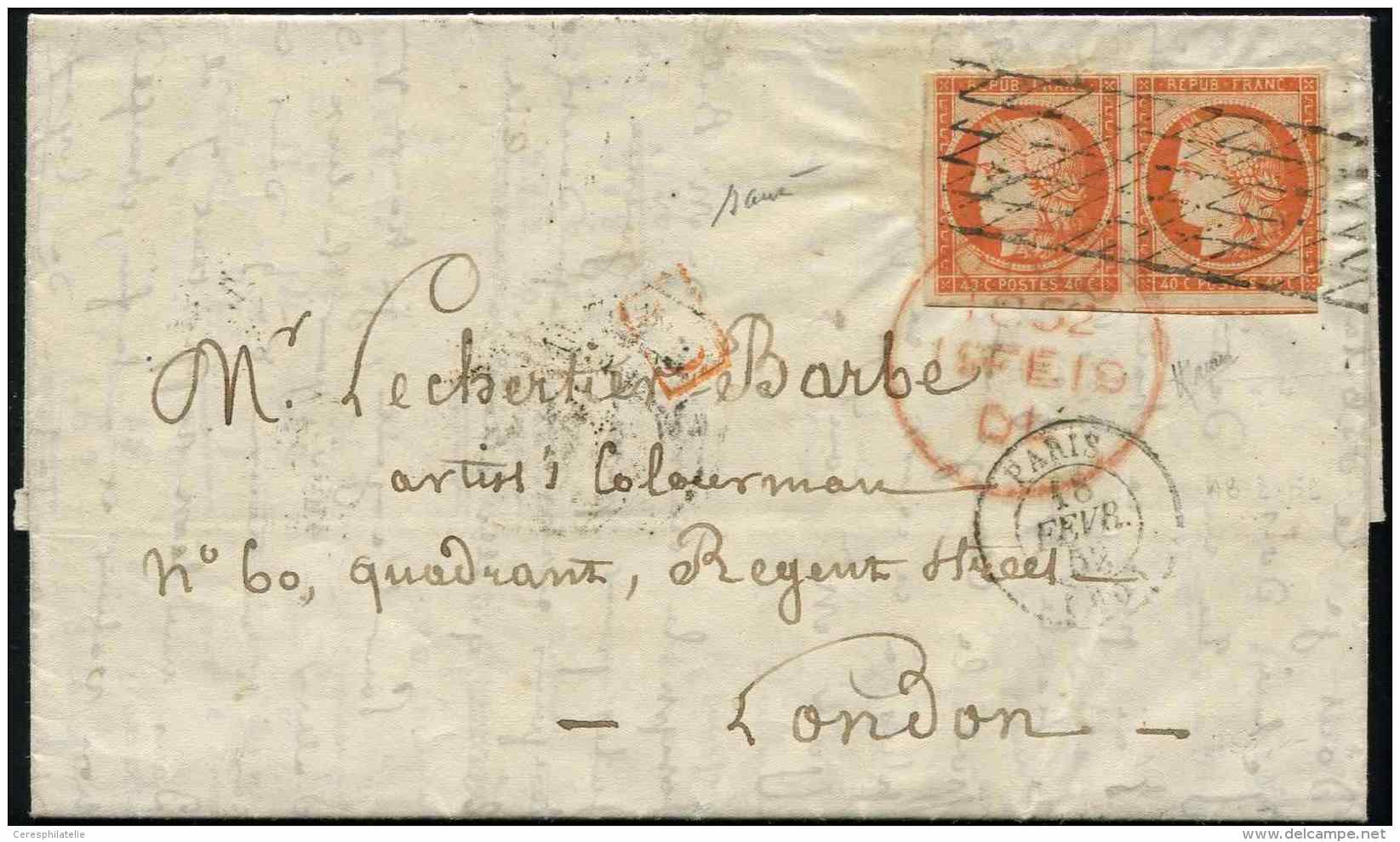 5    40c. Orange, PAIRE, Un Ex. D&eacute;fx, Obl. GRILLE SANS FIN S. LAC, C&agrave;d Paris 18/2/53, Arr. LONDRES, Plaisa - Autres & Non Classés