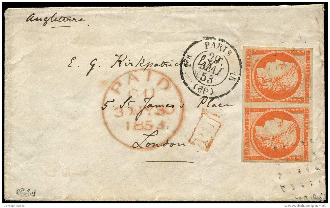 5    40c. Orange, PAIRE Obl. GROS POINTS S. Env., C&agrave;d PARIS 29/5/53, Arr. LONDON 30/5, TB. C - Other & Unclassified