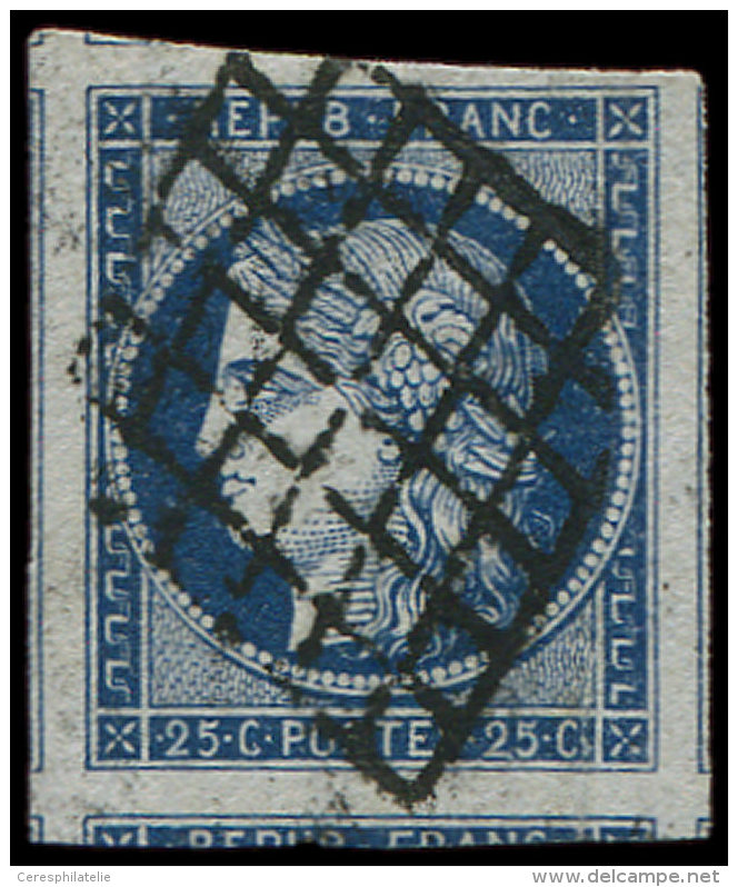 4a   25c. Bleu Fonc&eacute;, Tr&egrave;s Grandes Marges, Un Voisin Et 6 Amorces De Voisins, Obl. GRILLE, Superbe - Autres & Non Classés