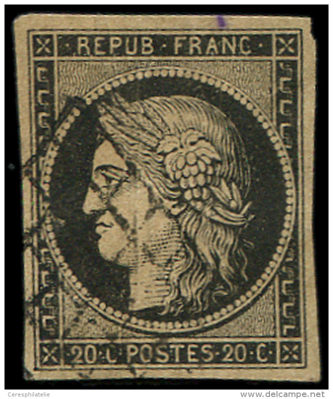 3    20c. Noir Sur Jaune, Obl. GRILLE, Petit PLI ACCORDEON Vertical, TB - Autres & Non Classés