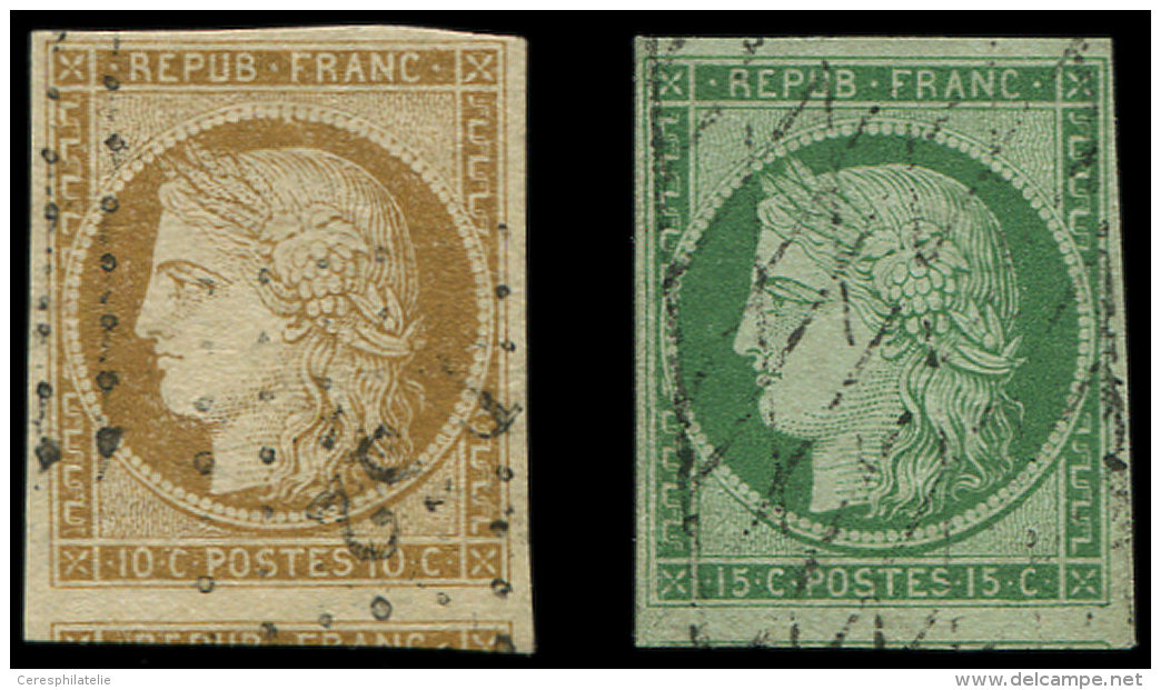 1    10c. Bistre Jaune Et N&deg;2 15c. Vert, Les 2 Avec Amorce De Voisin, Obl. PC Et GRILLE Sans FIN, TTB - Sonstige & Ohne Zuordnung