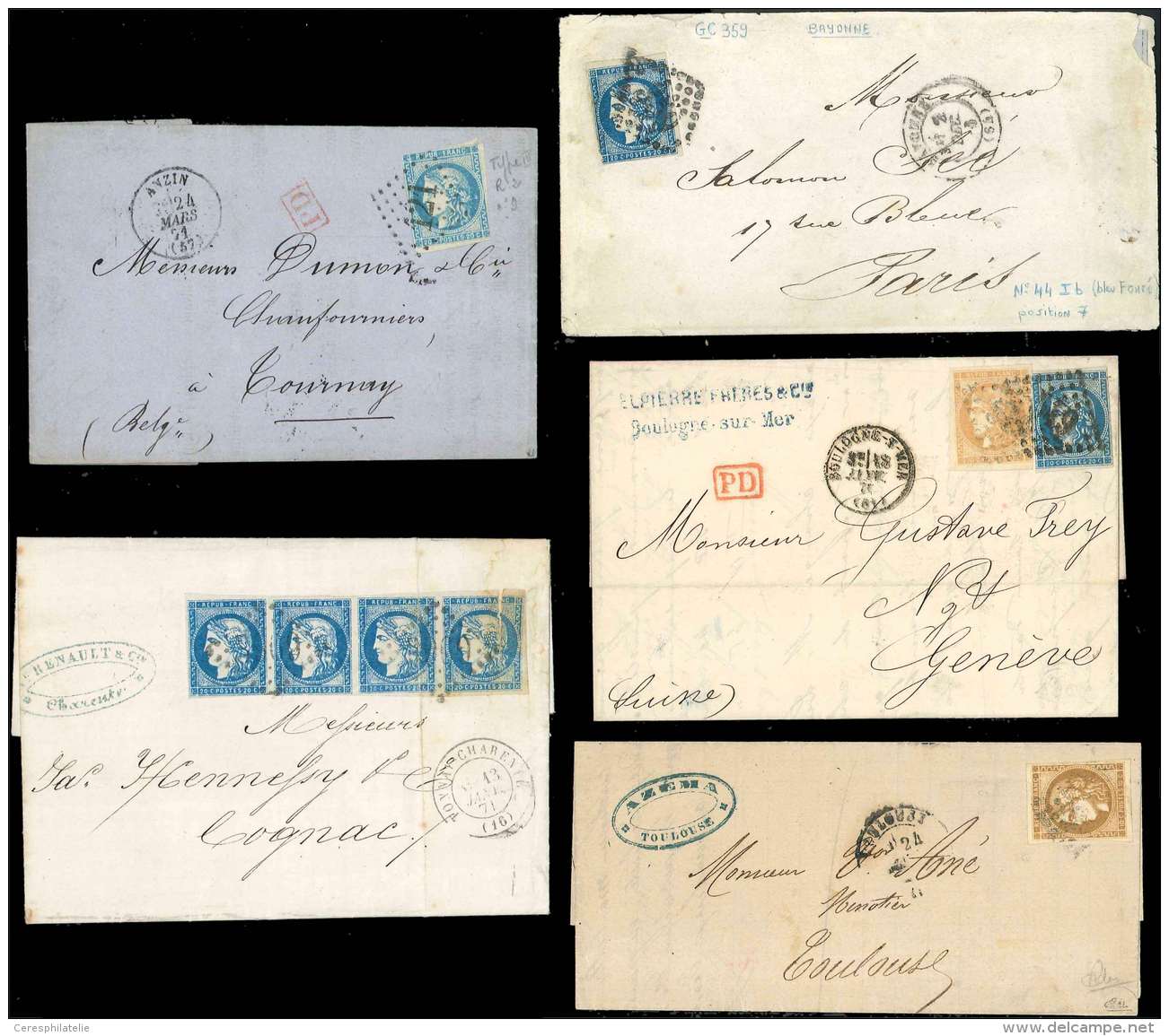 Lot De 5 Timbres Affrt Bordeaux Divers Dont BANDE De 4 N&deg;44, B/TB - Autres & Non Classés