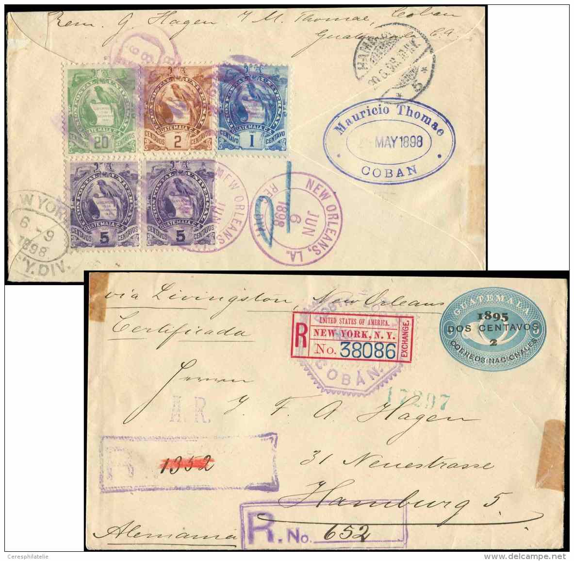 GUATEMALA 36 + 44 + 45 + 47 Paire Obl. Au Verso D'une Env. Entier Rec. 2c. Sur 5c., C&agrave;d NEW-YORK 6/8/98, Arr. HAM - Other & Unclassified