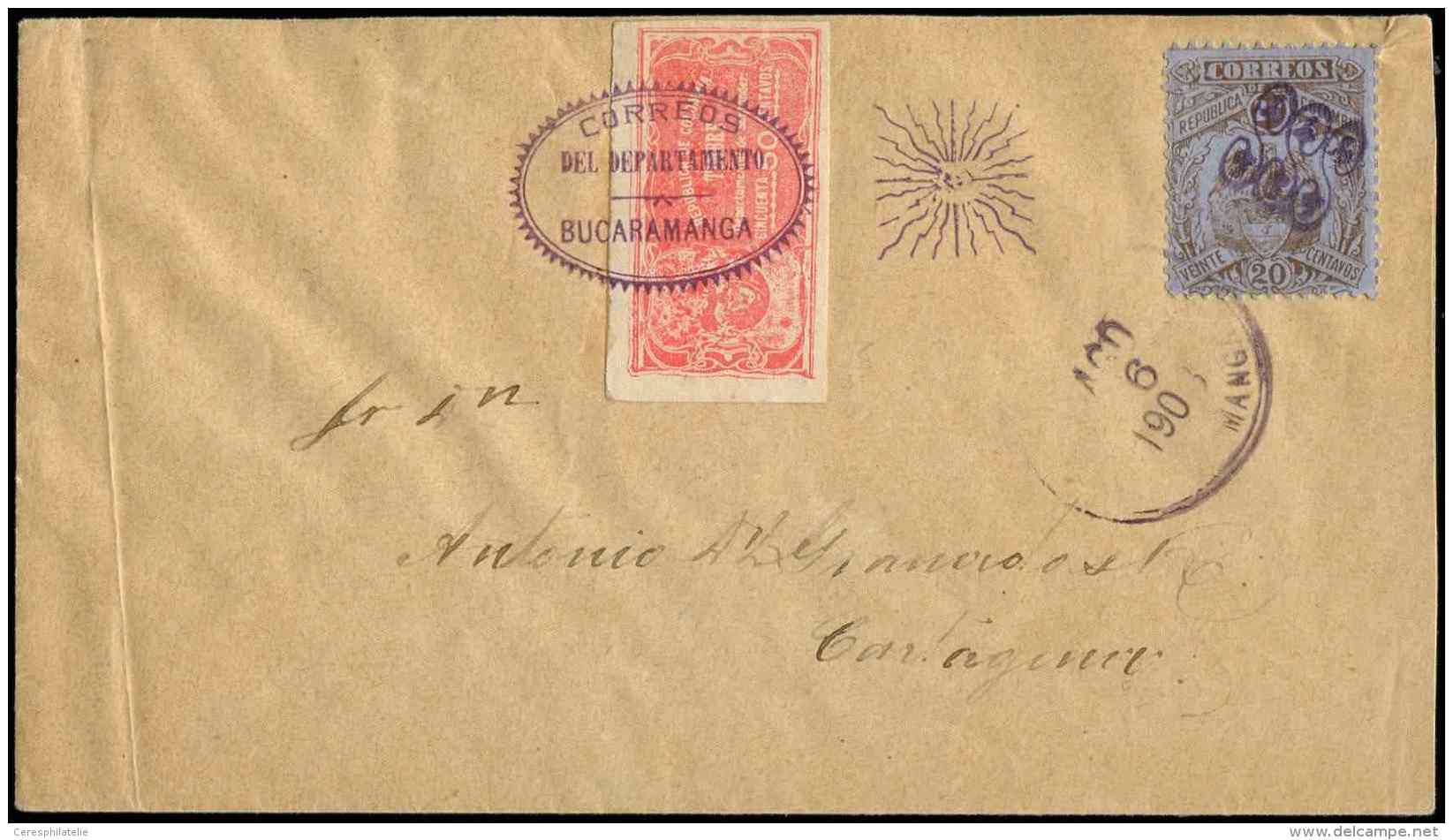 COLOMBIE Santander 19 : 50c. Rouge Obl. CORREOS/DEL DEPARTAMENTO/BUCARAMANGA + Poste N&deg;104 Obl. Cachet Violet Et C&a - Other & Unclassified