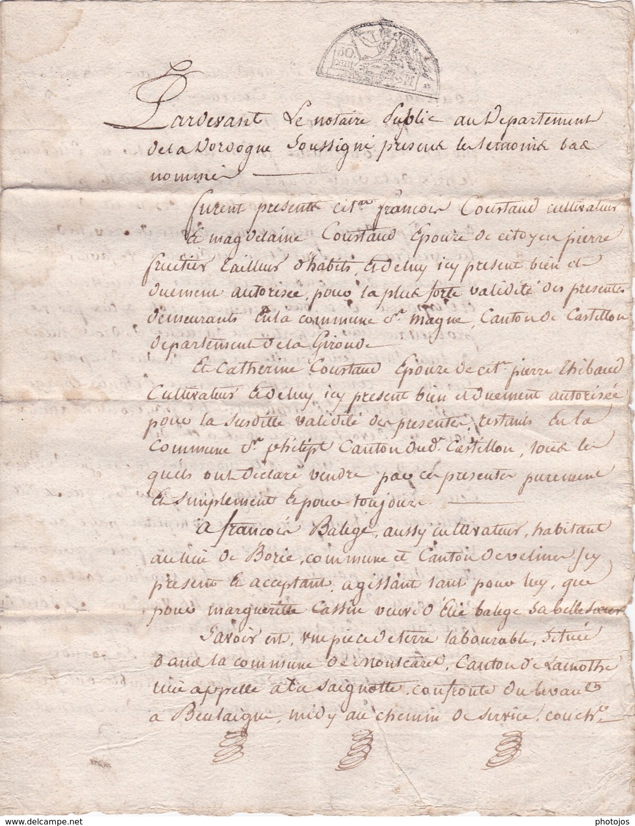 Acte De Vente En 1798 De Coustaud Frères à François Batige De Vélines (24) D'une Pièce De Terre Sise à Montcaret (24) - Documents Historiques