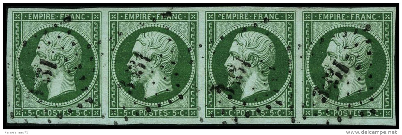 N&deg;12c 5c Vert Fonc&eacute; S/vert, Bande De 4 Obl PC Sup - TB - 1853-1860 Napoleon III