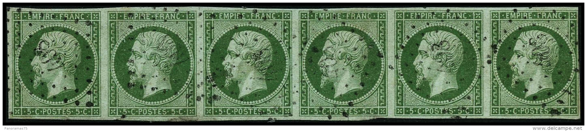 N&deg;12 5c Vert, Bande De 6 Obl PC 408, Froissure S/3&eacute;me T, 6&egrave; Au Filet En 1 Point - B - 1853-1860 Napoleon III