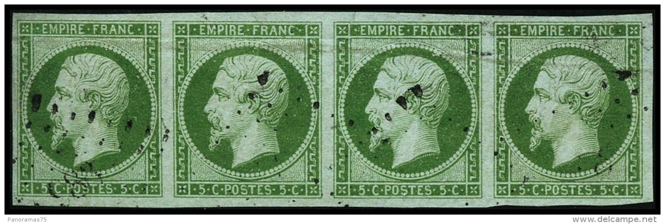 N&deg;12 5c Vert, Bande De 4, Froissure Horizontale - B - 1853-1860 Napoleon III