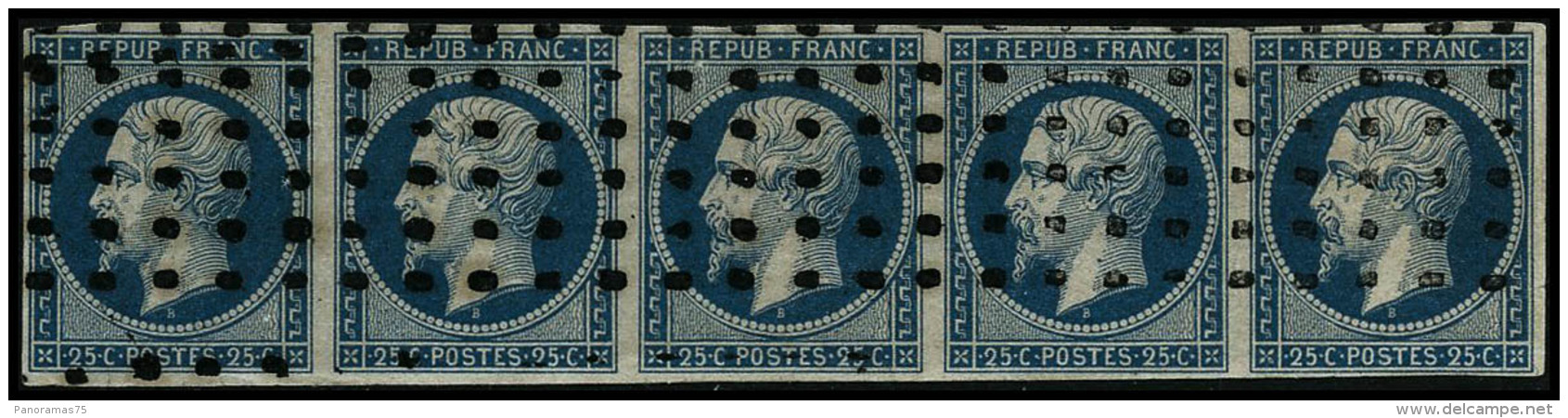 N&deg;10 25c Bleu, Bande De 5, Obl Gros Points, Pelurage Sur 3&egrave;me Timbre Et Froissure D'angle Sur 5&egrave; Aspec - 1852 Louis-Napoleon