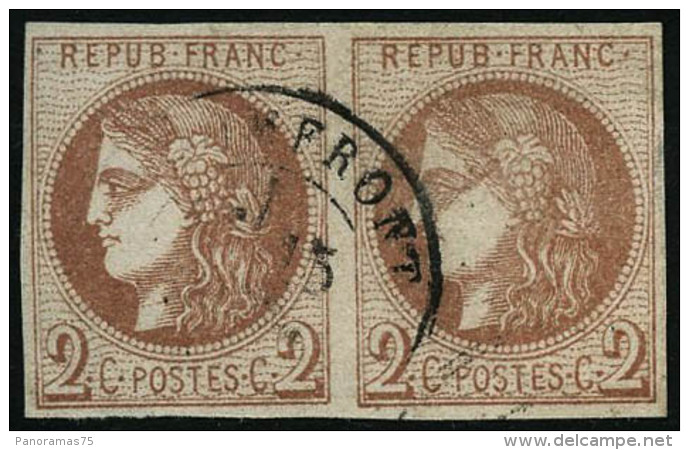 N&deg;40B 2c Brun-rouge R2, Paire, Sign&eacute; Brun - TB - 1870 Bordeaux Printing