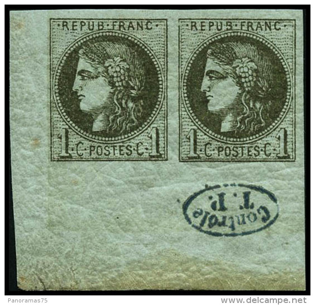 N&deg;39a 1c Olive R1, Paire Coin De Feuille Avec Contr&ocirc;le TP  - TB - 1870 Ausgabe Bordeaux