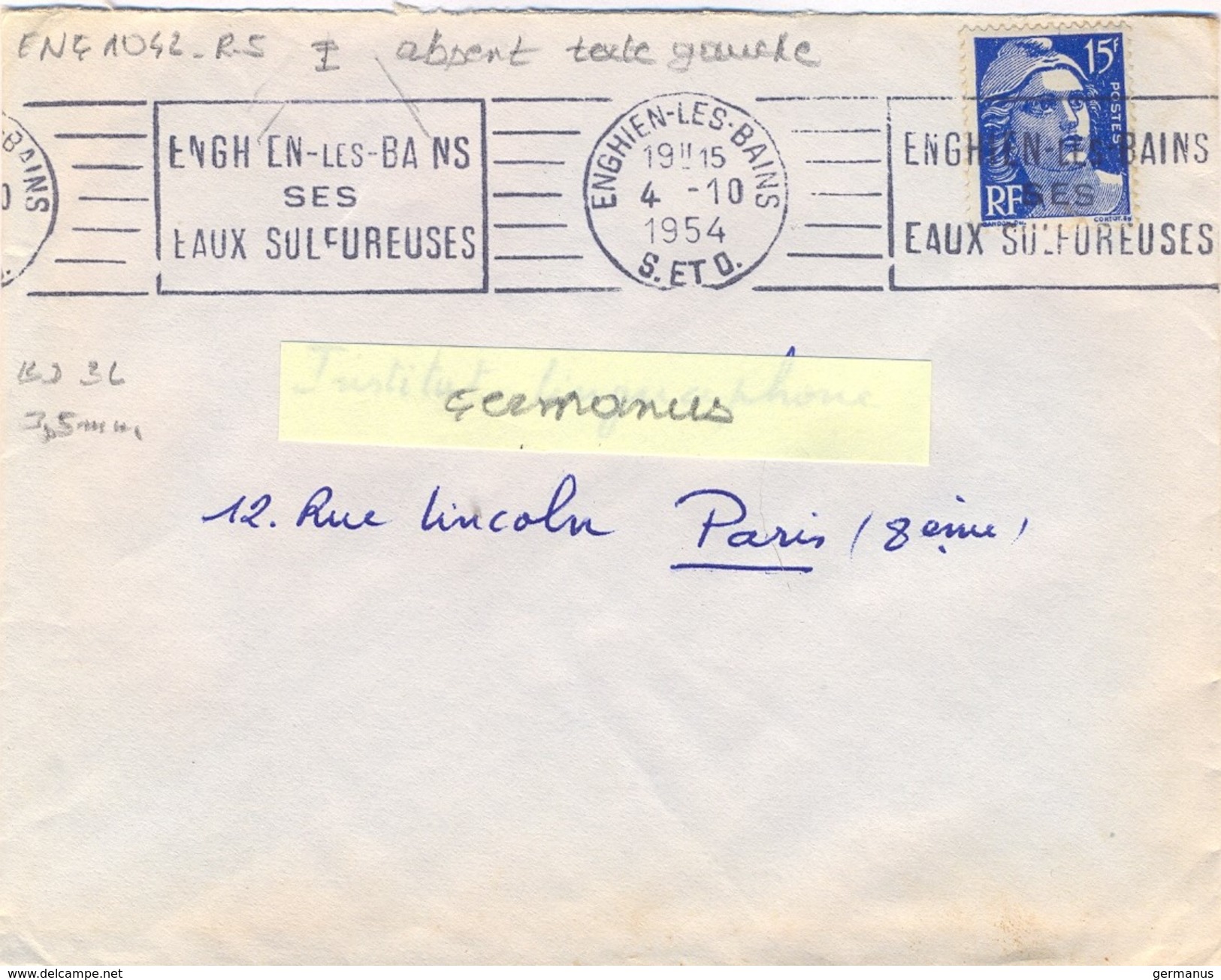 SEINE-ET-OISE : ENGHIEN-LES-BAINS S. ET O. OM RBV 4-10-1954 ... / SES / EAUX SULFUREUSES - Mechanical Postmarks (Advertisement)