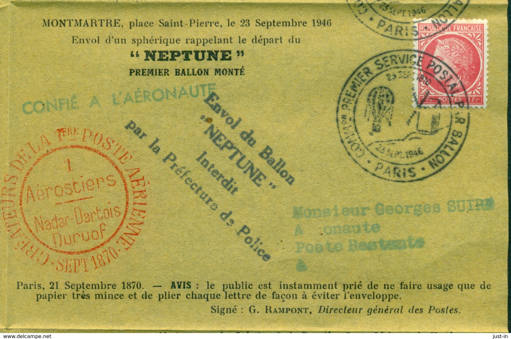 BALLON MONTE NEPTUNE 23 SEPT 1946 RARE ET TTB Papier Jaune - 1921-1960: Période Moderne