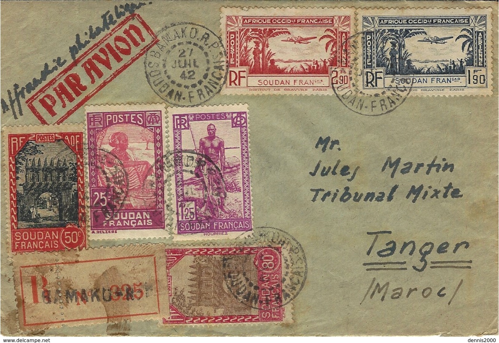 1942-enveloppe Par Avion RECC. De Bamako Pour Tanger -affr. à 6,60 F. Pour Tanger - Altri & Non Classificati