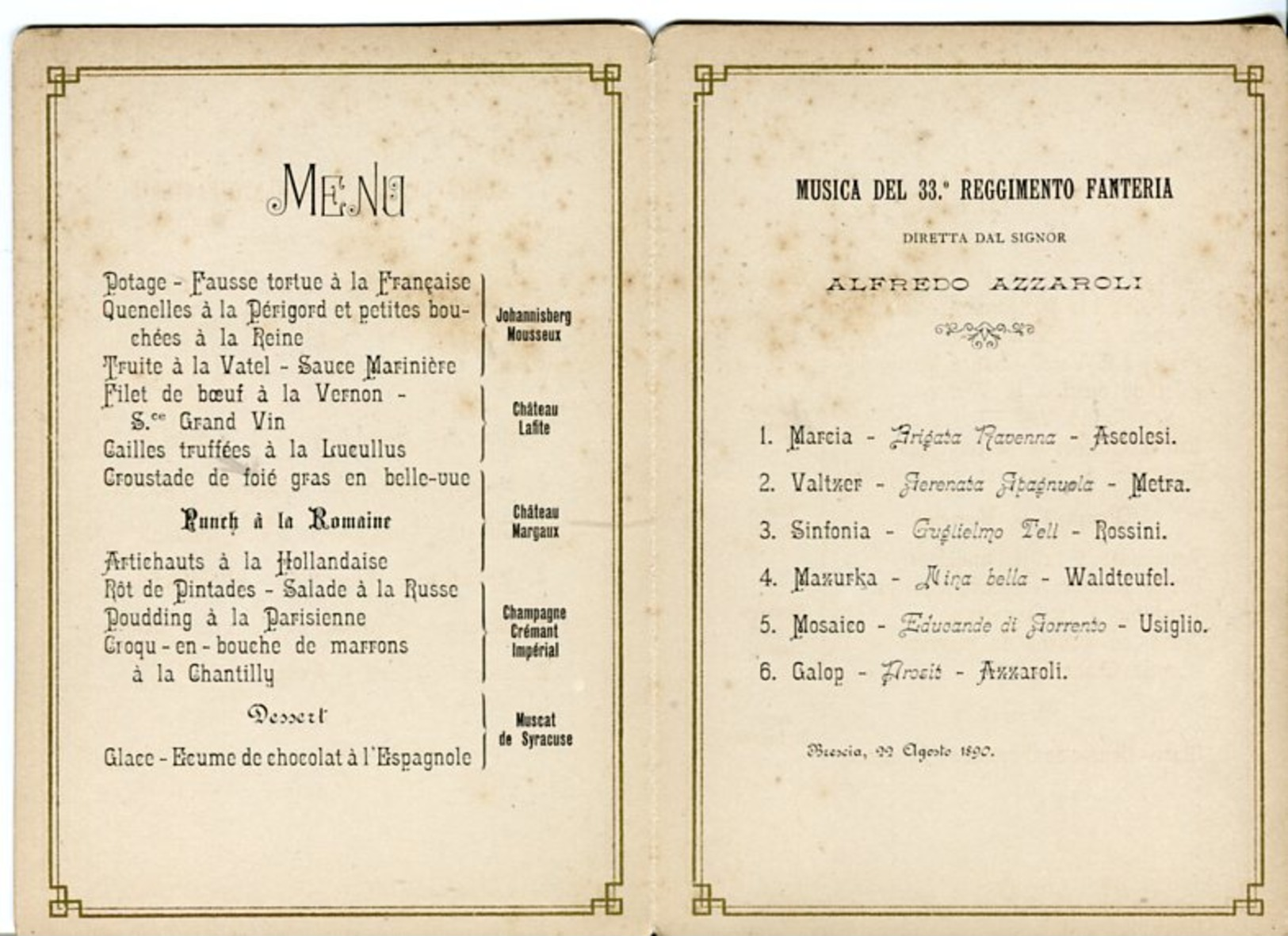 MENU' - BRESCIA 22 AGOSTO 1890 CON PROGRAMMA MUSICA 33° REGGIMENTO FANTERIA - Menu