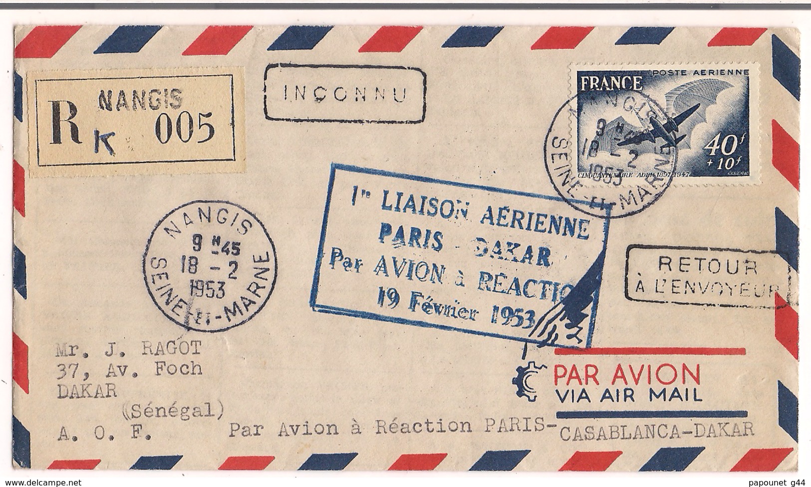 Lettre Nangis 1953 ( 1re Liaison Aérienne Paris Casablanca Dakar Par Avion à Réaction ) - 1927-1959 Cartas & Documentos