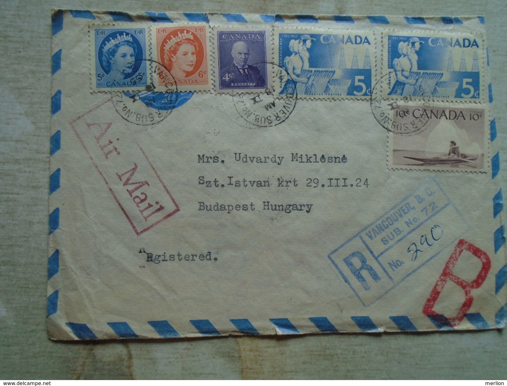 D149084 Cover CANADA  1955 - Vancouver   B.C. Sub.No.72 -Registered To Hungary Hany Stamps  Cachet Montréal - Briefe U. Dokumente