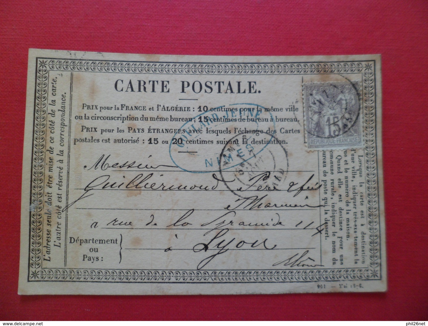 Carte Postale 961 Modèle Mai1876 Goulard Jeune Nîmes Le 07/08/1876 à Lyon Le 8/8/1876 Avec Le N°66 Seul   B/TB - Precursor Cards