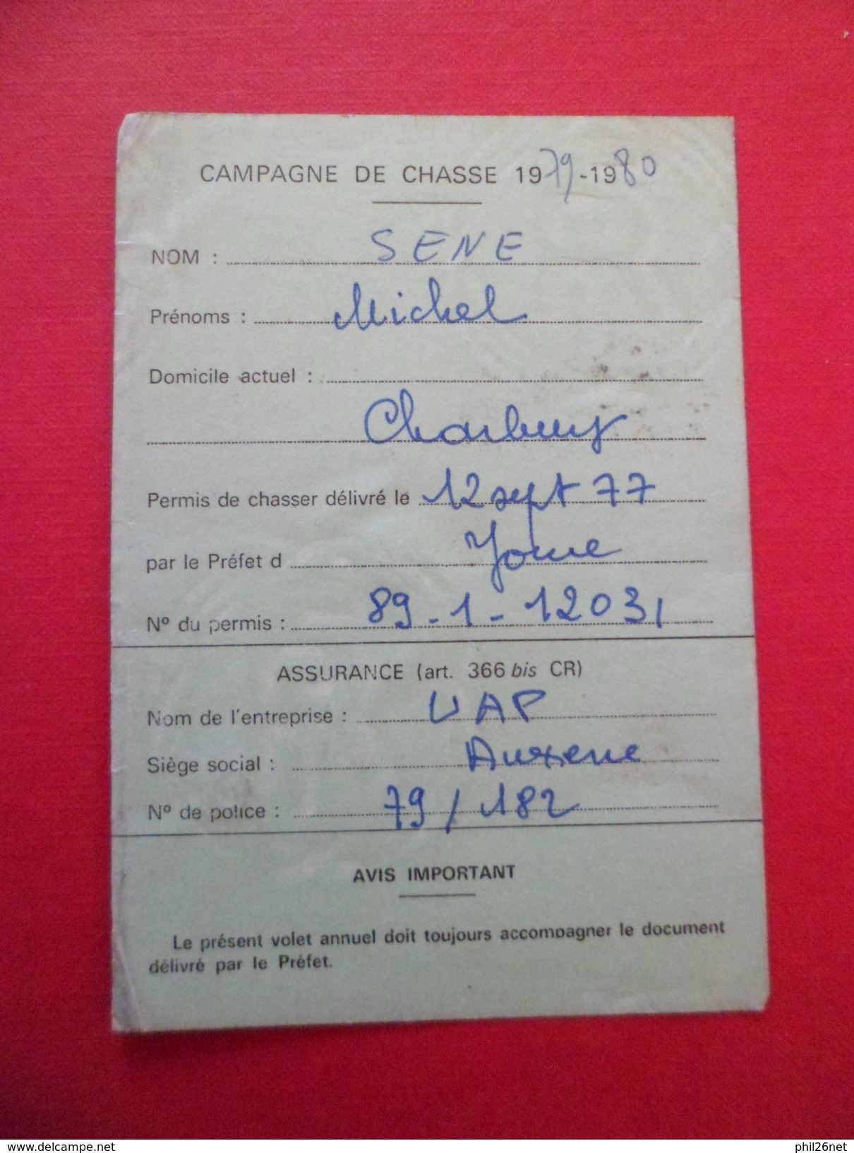 Carte Campagne De Chasse 1979 -1980 Mairie Charbuy 8/9/979   Fiscal N° 113 National Et Vignette Perdrix Le 1/9/1979 B/TB - Lettres & Documents