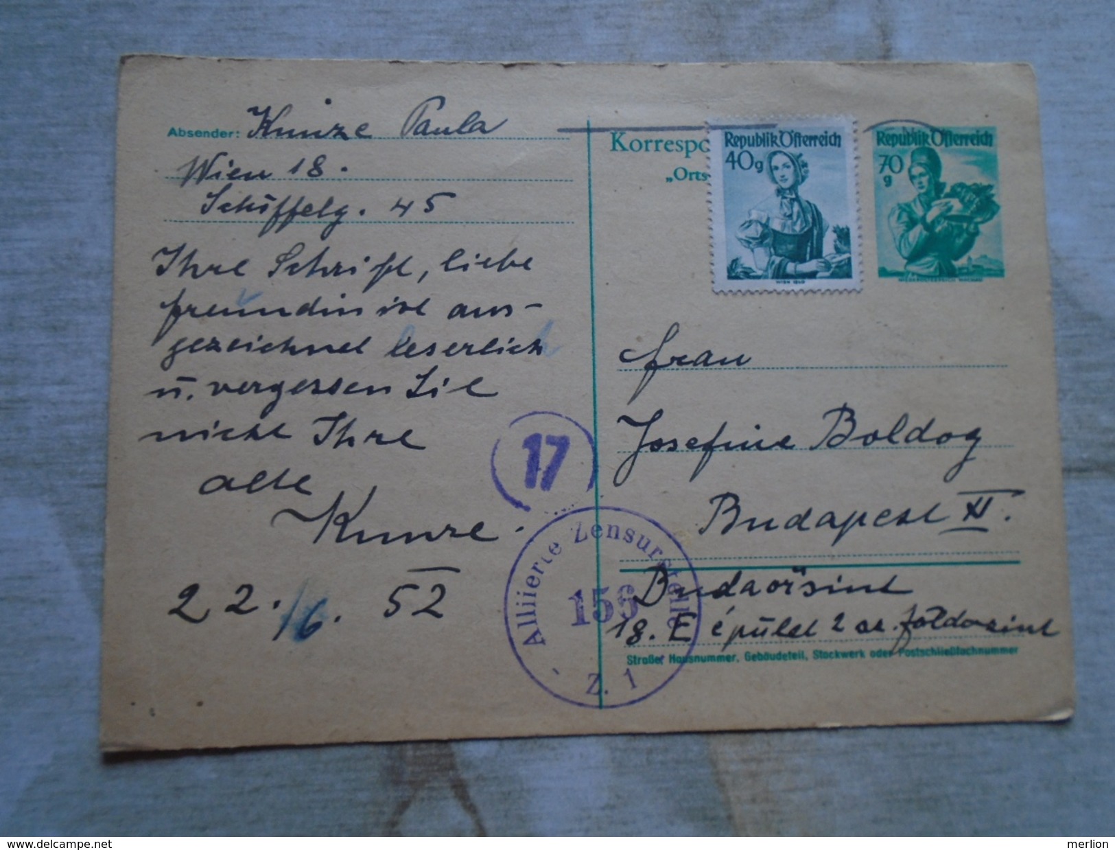 D149096  Austria  Postal Stationery - 1952   Allierte Zensurstelle  156   Military Censure - Briefe U. Dokumente