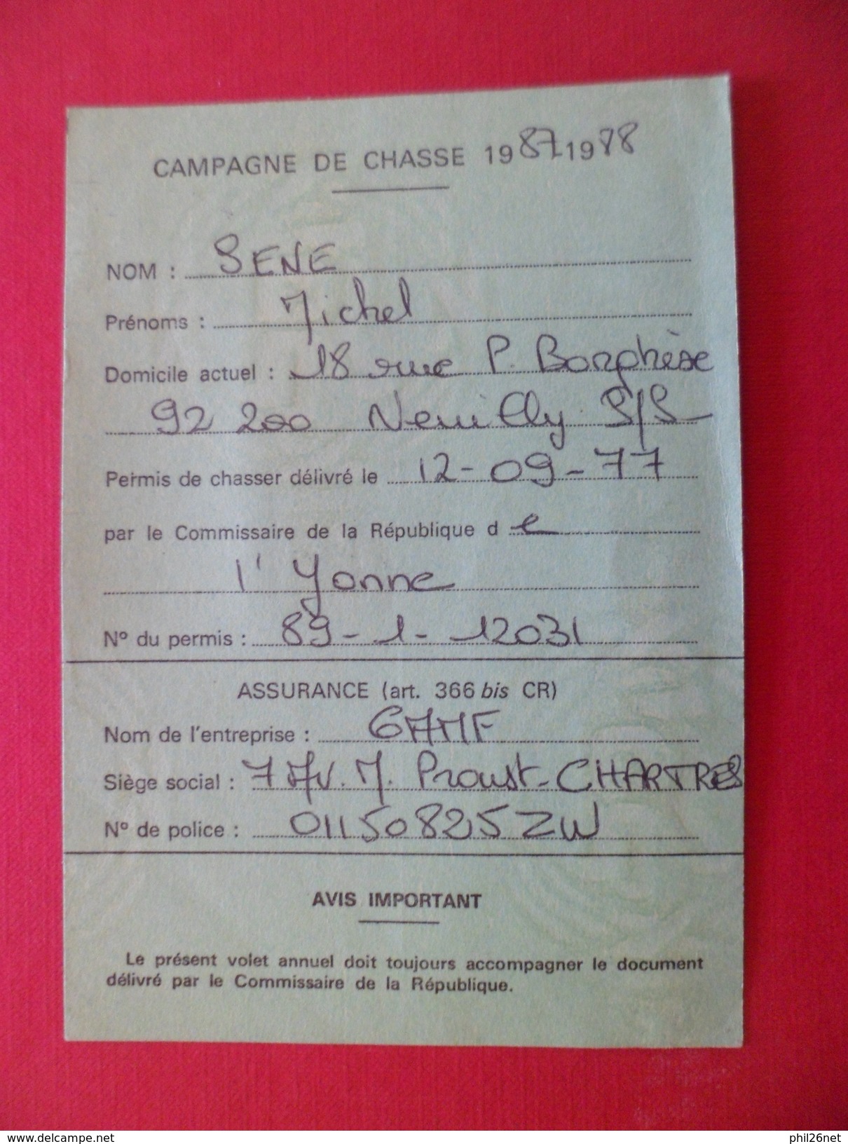 Carte Campagne De Chasse 1987 -1988 Mairie Neuilly Les Fiscaux N°151/5  National Et Gibier D'eau + Animaux Et Vote  B/TB - Covers & Documents