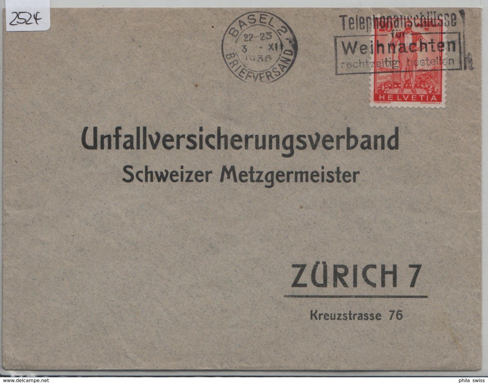 1936 Pro Patria Hodler W3/295 - Flamme: Weihnachten Basel (Schweizer Metzgermeister) - Blocs & Feuillets