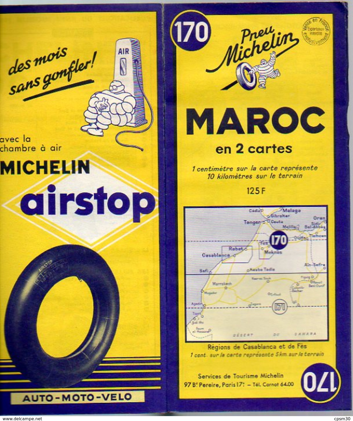 Carte Géographique MICHELIN - N° 170 MAROC - 1954 Contour Bleu - Roadmaps