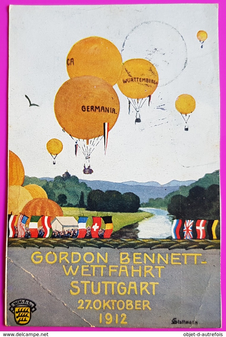 Offizielle Postkarte Gordon Bennett Wettfahrt Stuttgart 1912 Deutschland Ballon Flugzeug Aéronautique Montgolfière - Stuttgart